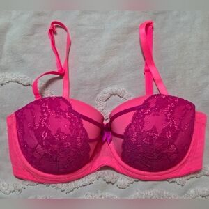 La Senza 6 Way Convertible Bra 36C Hot Pink+Fuchsia Lace Mesh Edgy Statement 🔥
